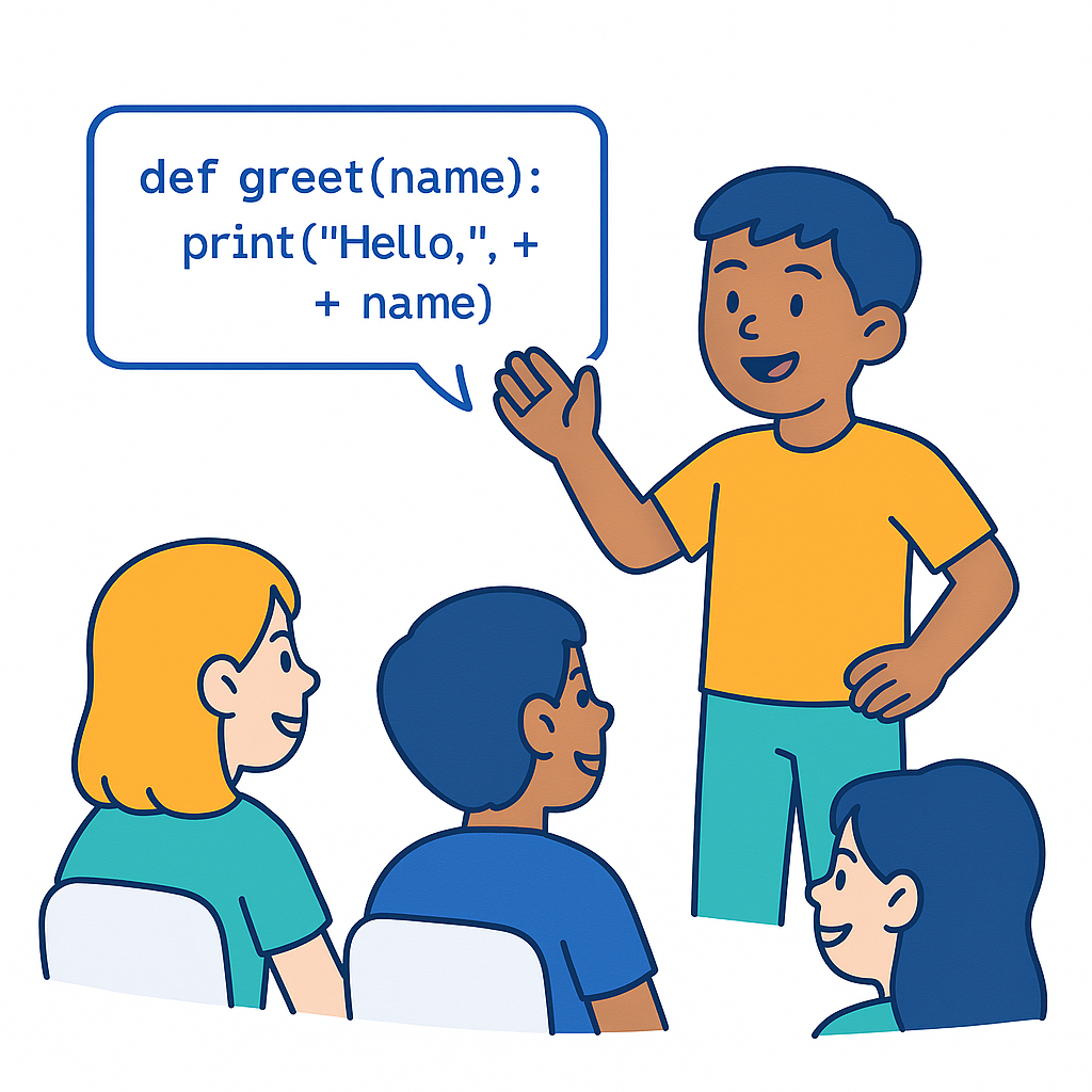 Student presenting code with speech bubble